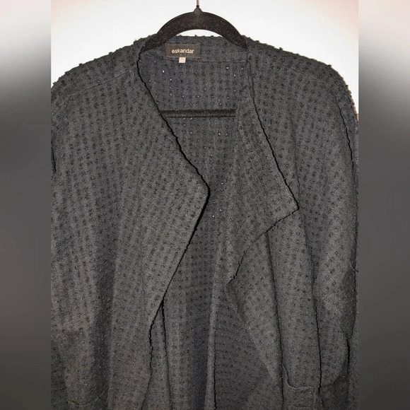 Eskandar 100% Linen Textured Cuff Sleeve Short Kimono Shawl Jacket Size 1 Black - Picture 2 of 9